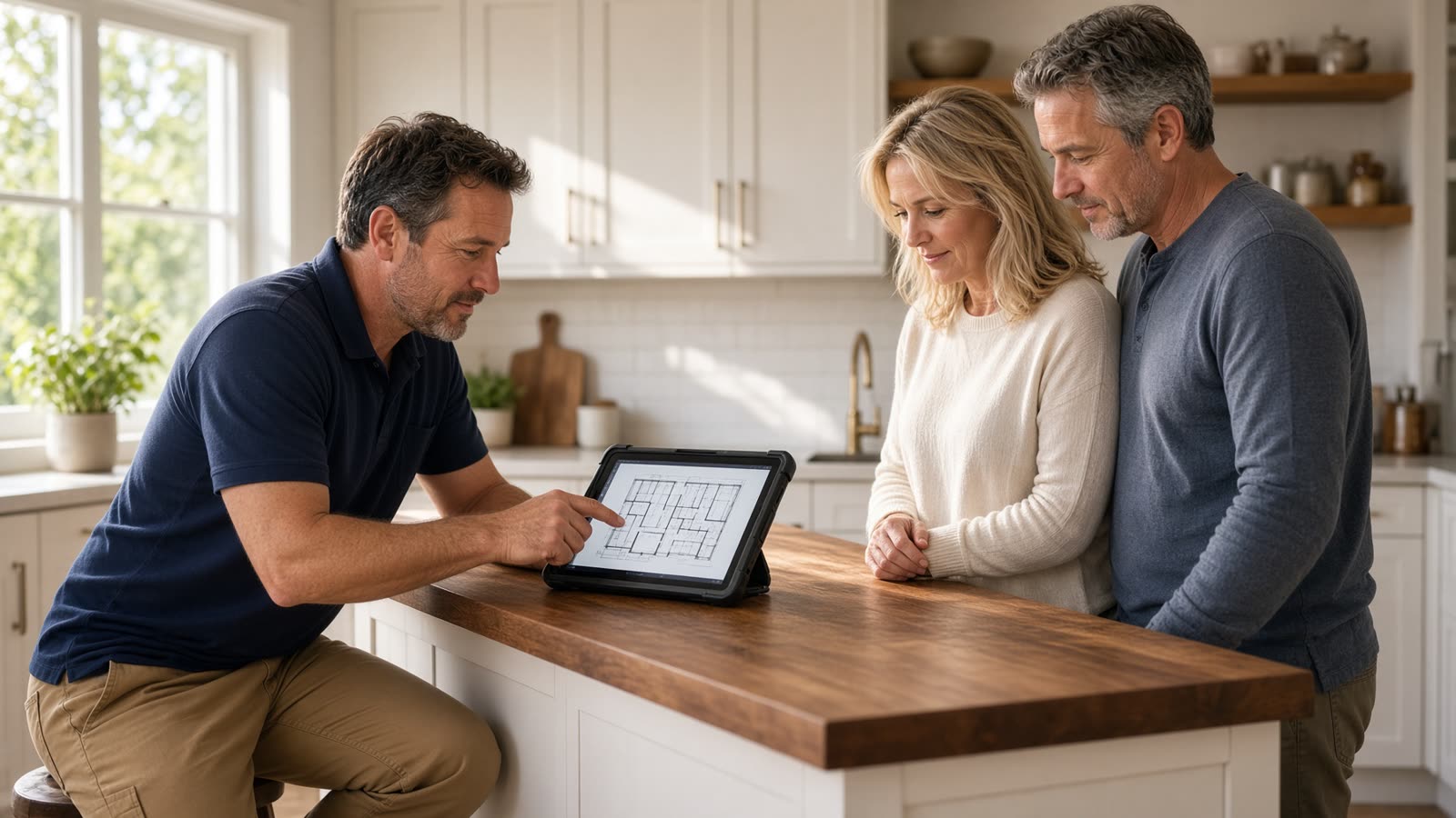 Contractor reviewing a remodel plan with homeowners
