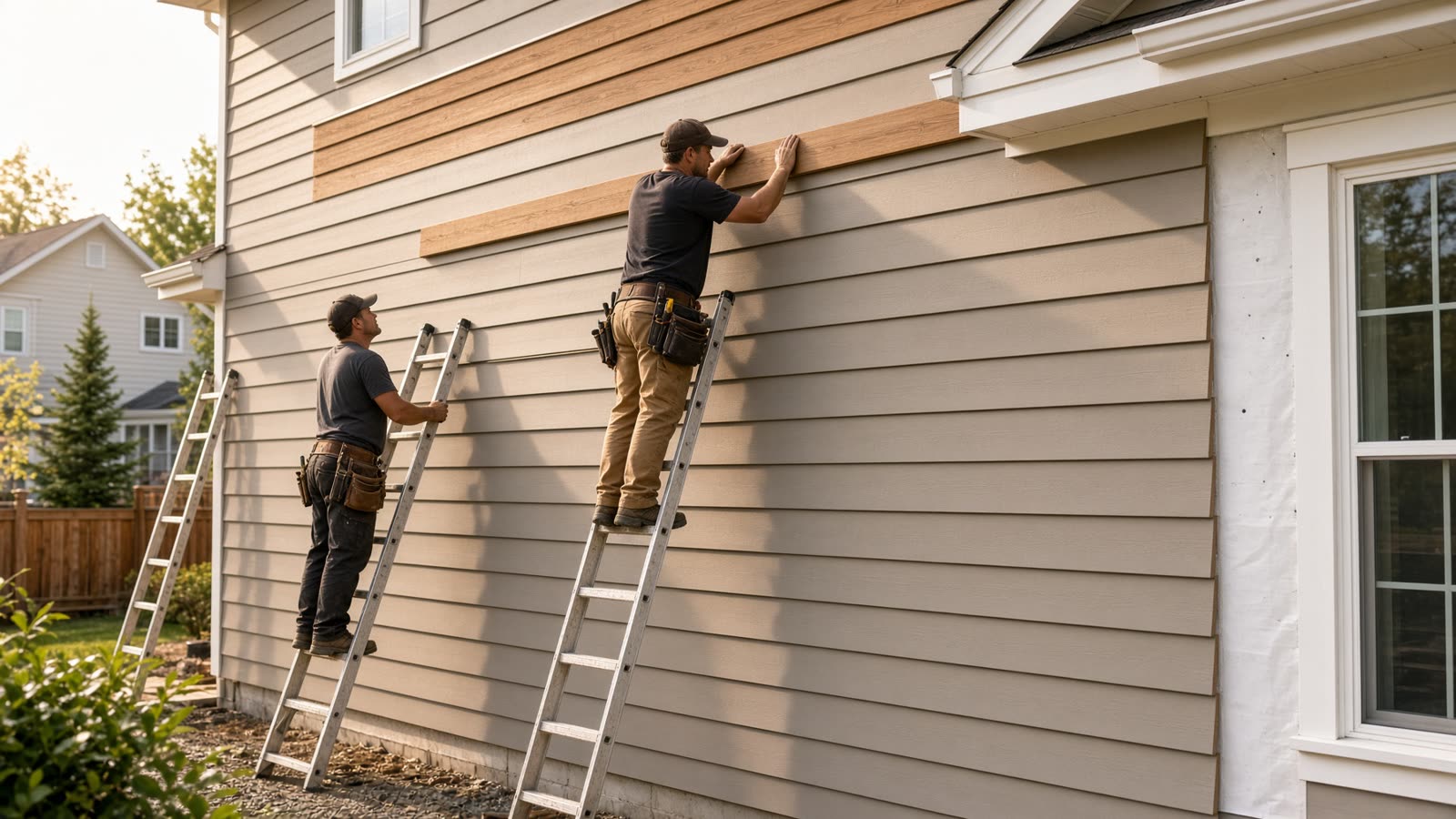 Crew installing fiber-cement siding